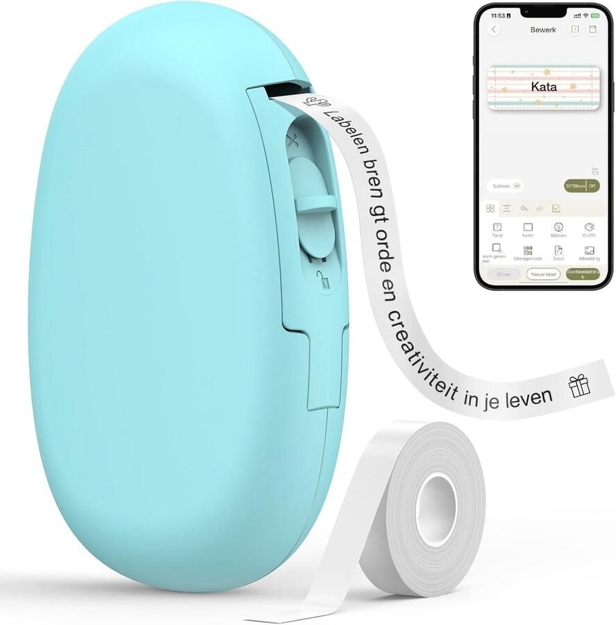 E10 Bluetooth Label Printer met 1 Rol doorlopende Etiketten Cyaan App met 30+ Lettertypen 50+ Sjablonen 600+ Pictogrammen Inktloos voor Thuis Keuken School en Kantoor