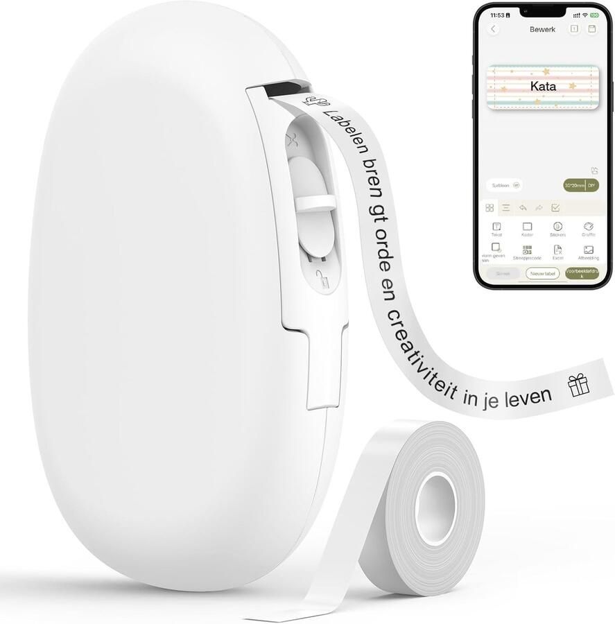 E10 Bluetooth Label Printer met 1 Rol doorlopende Etiketten Wit App met 30+ Lettertypen 50+ Sjablonen 600+ Pictogrammen Inktloos voor Thuis Keuken School en Kantoor