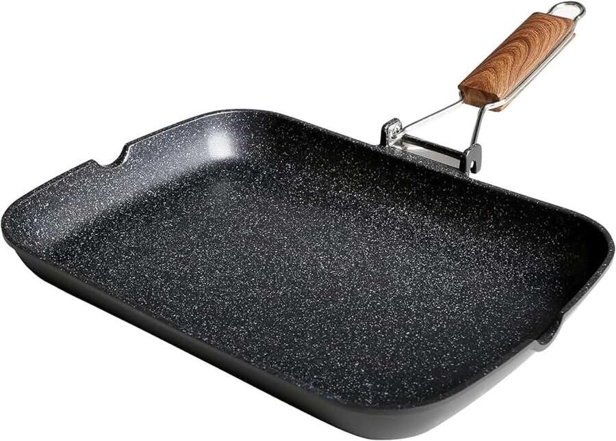 Ecochef Titanium grillpan inductie glad 34 x 24 cm antiaanbaklaag milieuvriendelijk zonder PFOA gegoten aluminium dikte 5 mm handgreep van hout inklapbaar glaskeramiek gas