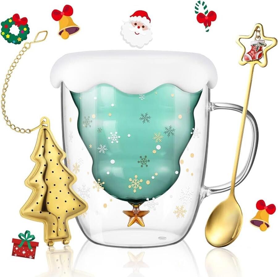 Ecooe Dubbelwandige kerstboombeker 270 ml voor koffie cappuccino latte macchiato met handvat lepel glas borosilicaatglas theezeef voor thee melk