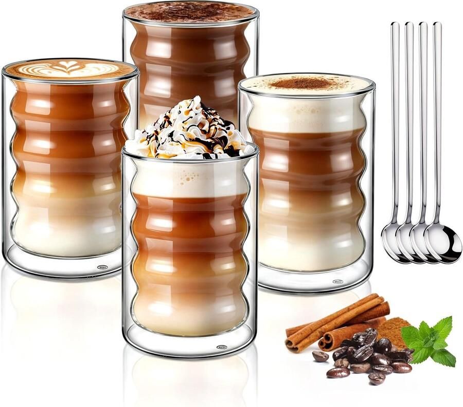 Ecooe Dubbelwandige koffieglazen 350 ml latte macchiatglas set van 4 borosilicaatglas dubbelwandige koffieglazen theeglazen met lepel voor cappuccino thee ijs melk bier