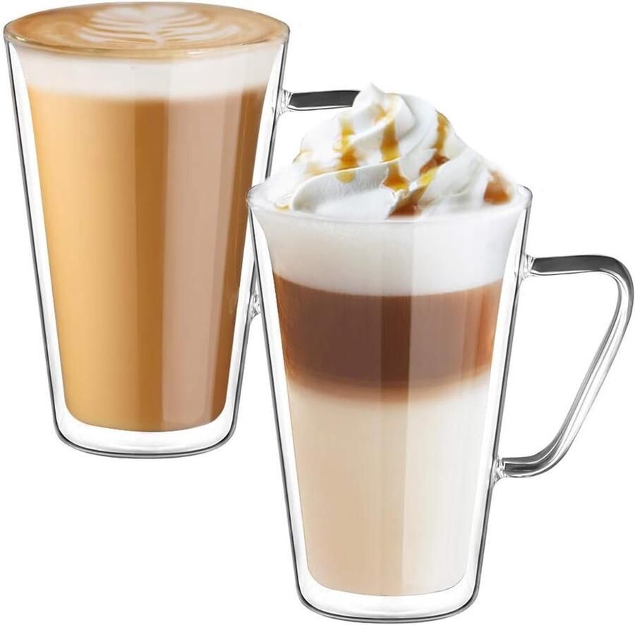 Ecooe Dubbelwandige latte macchiato-glazen set van 2 stuks van borosilicaatglas koffiekopjes 450 ml koffieglas theeglazen met handvat voor cappuccino latte macchiato thee ijs melk bier…