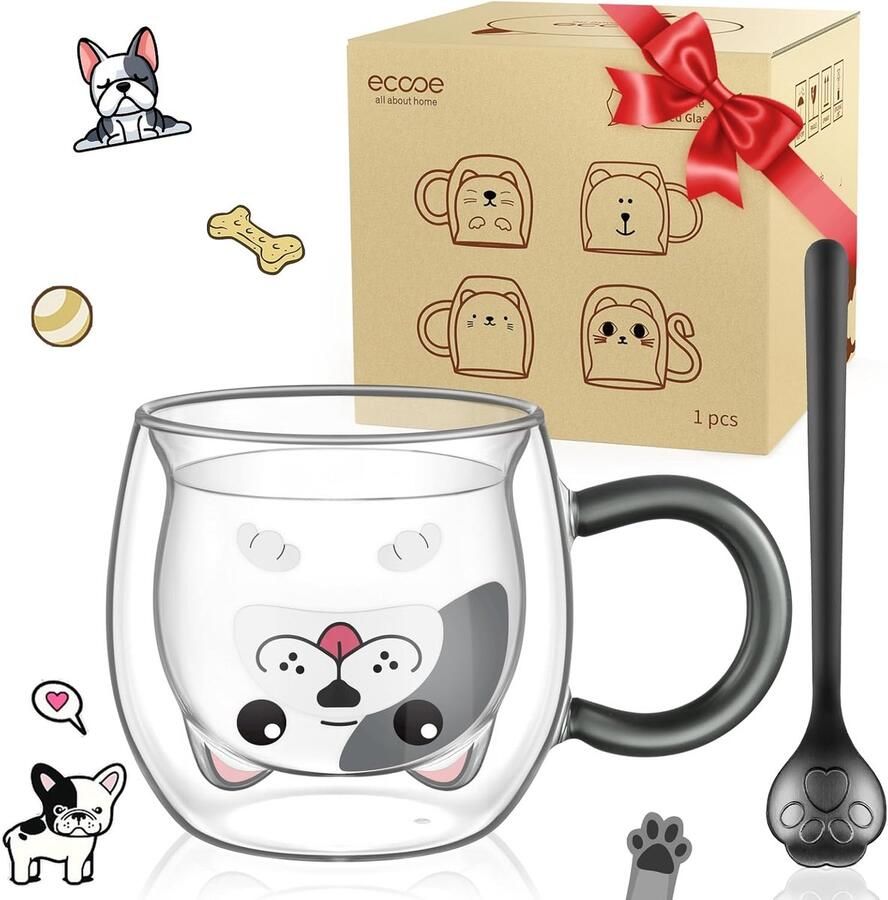 Ecooe Leuke hondenmok dubbelwandige glazen mok 280 ml koffiekopje cappuccino latte glazen melk theekop verjaardag Kerstmis Valentijnsdag hond geschenken voor vrouwen mannen mama papa jongens kinderen