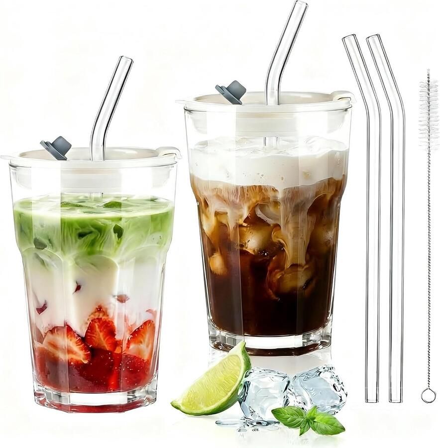 Ecooe Set van 2 glazen met deksel en rietjes 380 ml koffiemok voor latte macchiato cappuccinoglazen smoothieglazen waterdicht design ideaal voor koffie sap melk thee cocktails