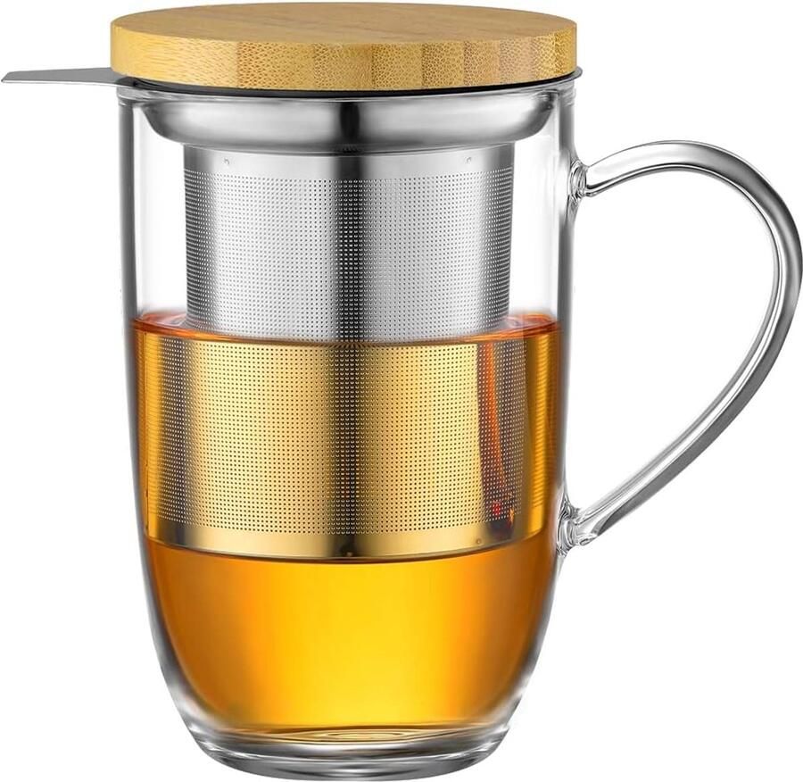 Ecooe Theekop Van Borosilicaatglas 440 Ml (Met Theezeef En Deksel) Ultrafijne Zeef Van 18 8 Roestvrij Staal Deksel Van Natuurlijk Bamboe Geschikt Voor Koffie Sap Koolzuurhoudende Dranken