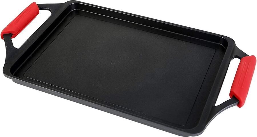 ! Ecostone Grill Plate Induction Griddle Pan 37 x 25 cm Cast Aluminium Non-Stick Coating Xtra Dupont Ecological PFOA-Free 5 mm Thickness Silicone Handles Vitro Ceramic Gas Oven Black