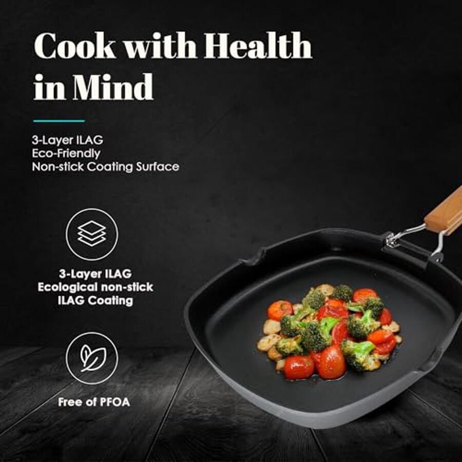 Ecostone Grillpan 24x24 cm Inductie en Gas Geschikt Anti-aanbaklaag Opvouwbare Handgreep - Foto 3
