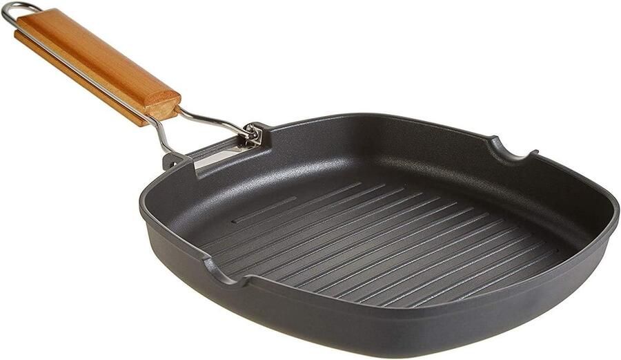 Ecostone Grillpan inductie gegolfd 24 x 24 cm ILAG anti-aanbaklaag milieuvriendelijk zonder PFOA gegoten aluminium dikte 5 mm inklapbaar houten handvat glaskeramiek gas