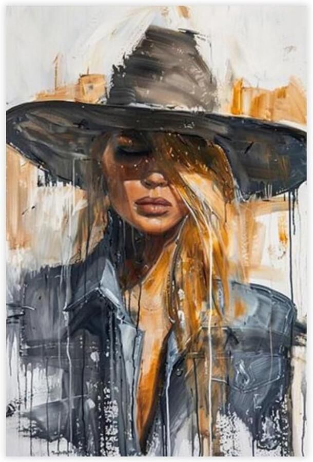 Een blonde cowgirl in een retro landelijke stijl met een cowboyhoed canvas poster slaapkamer decor landschap kantoor kamer decor geschenk 50 cm L X 76 cm B