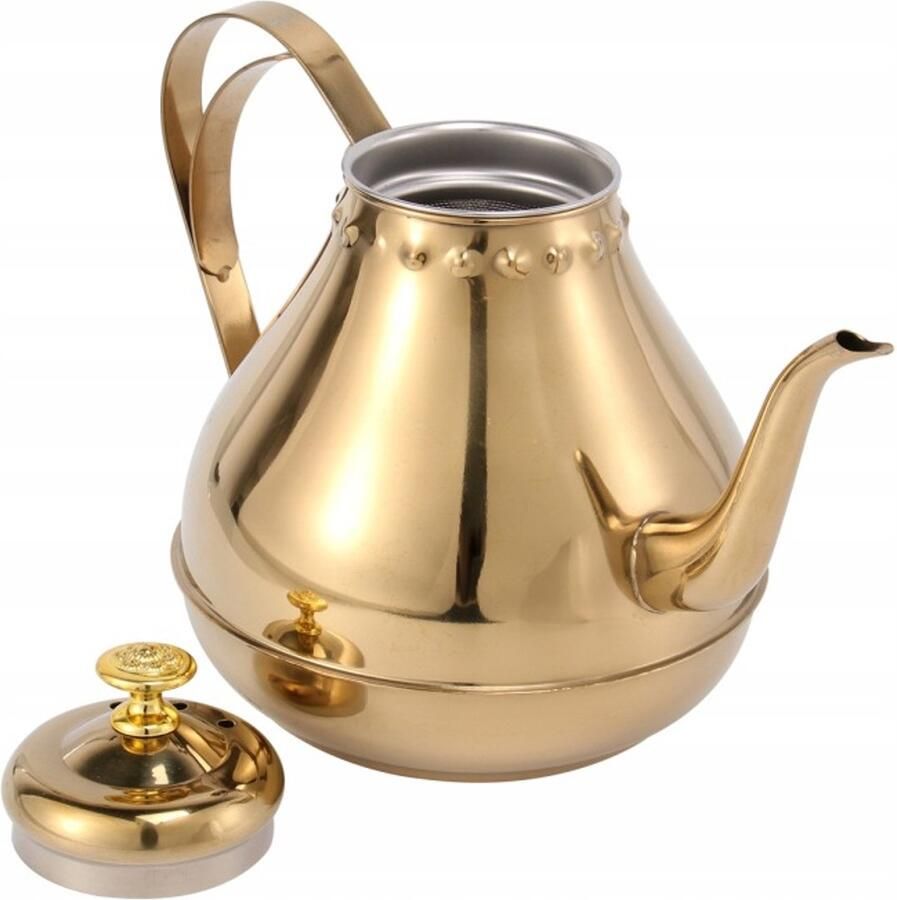 Een verguld stalen waterkoker met een lange tuit perfect voor het zetten van thee en koffie