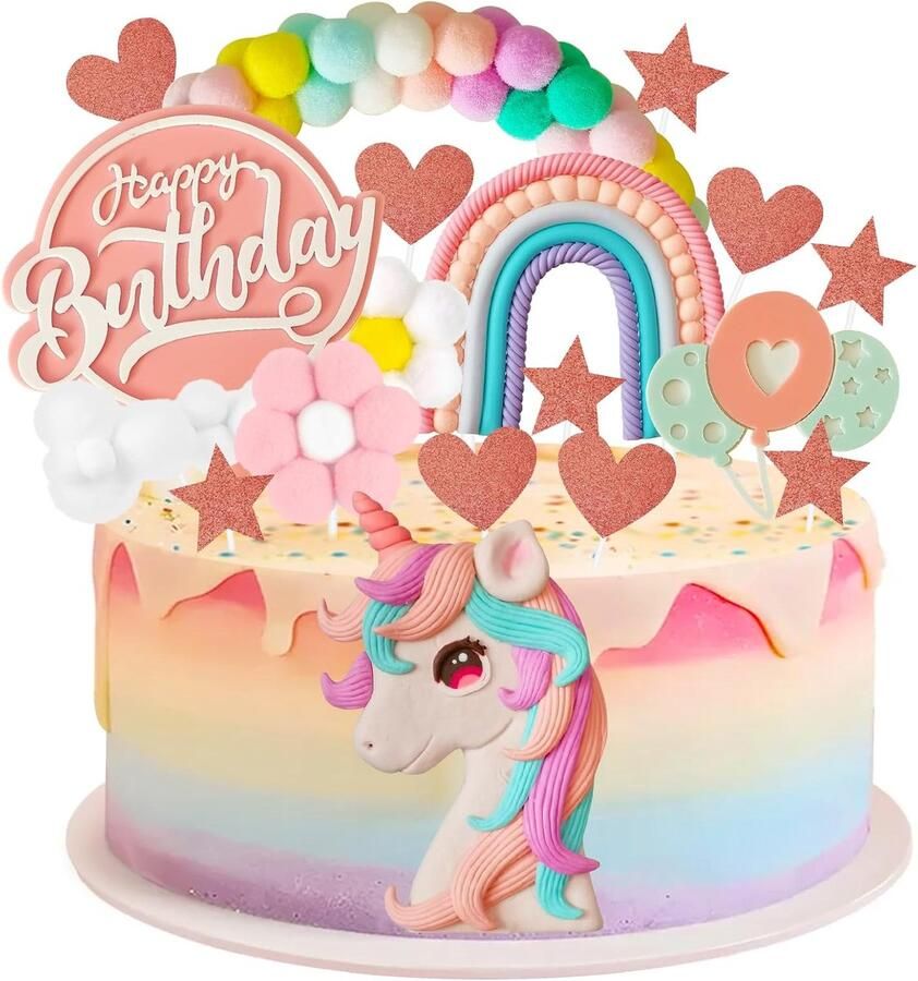 Eenhoorndecoratie voor kinderverjaardag 18 stuks eenhoorn-taartdecoratie meisjes regenboog wolk ballon taarttopper verjaardag Happy Birthday-decoratie voor kinderen taarttopperset voor