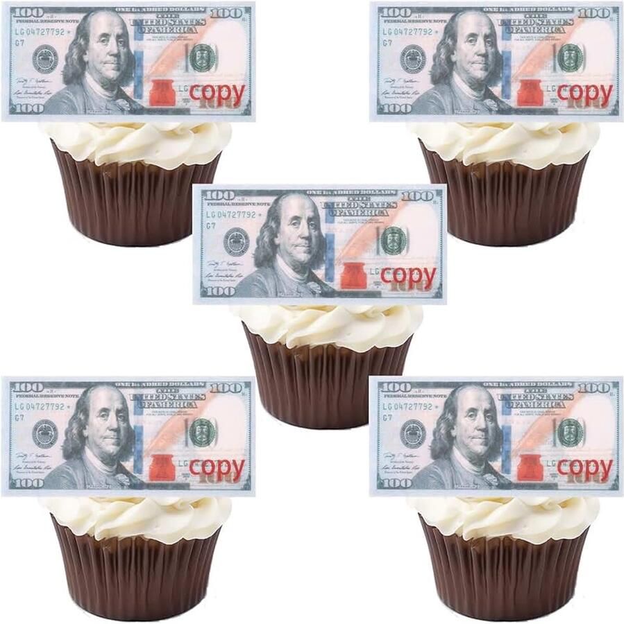 Eetbare 100 Dollarbiljetten Taarttoppers Kleefrijstpapier Kleine Eetbare Cupcake-Toppers in Vorm van Dollarbiljetten Geldtaartdecoraties voor Verjaardagsfeestartikelen