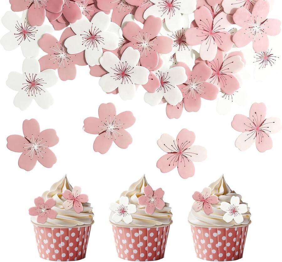 Eetbare bloemdecoraties voor cupcakes kersenbloesemtaartdecoraties decoratieve taarttoppers van kleefrijstpapier (roze en wit)