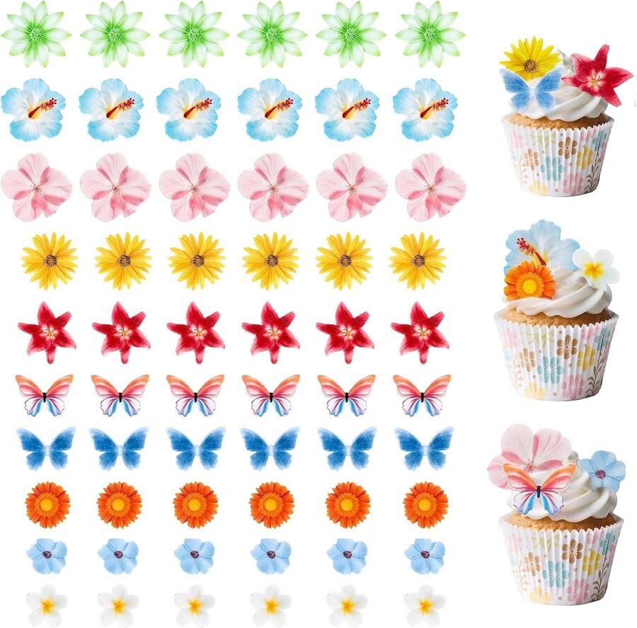 Eetbare bloemen en vlinders op eetbaar wafelpapier
