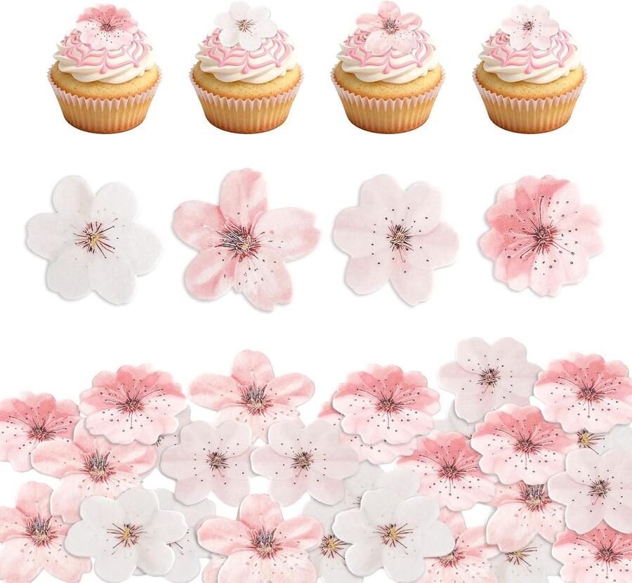 Eetbare Bloemen Ouwel Eetbare Bloemen Taartdecoraties Roze en Witte Sakura Cupcake Toppers voor Taartdecoratie Bruiloft Verjaardag Knutselen