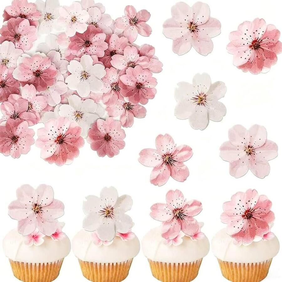 Eetbare bloemen taartdecoratie 50 stuks kersenbloesems van rijstpapier taartdecoratie verjaardag bruiloft lentefeest bloemendecoraties voor cupcakes roze en wit