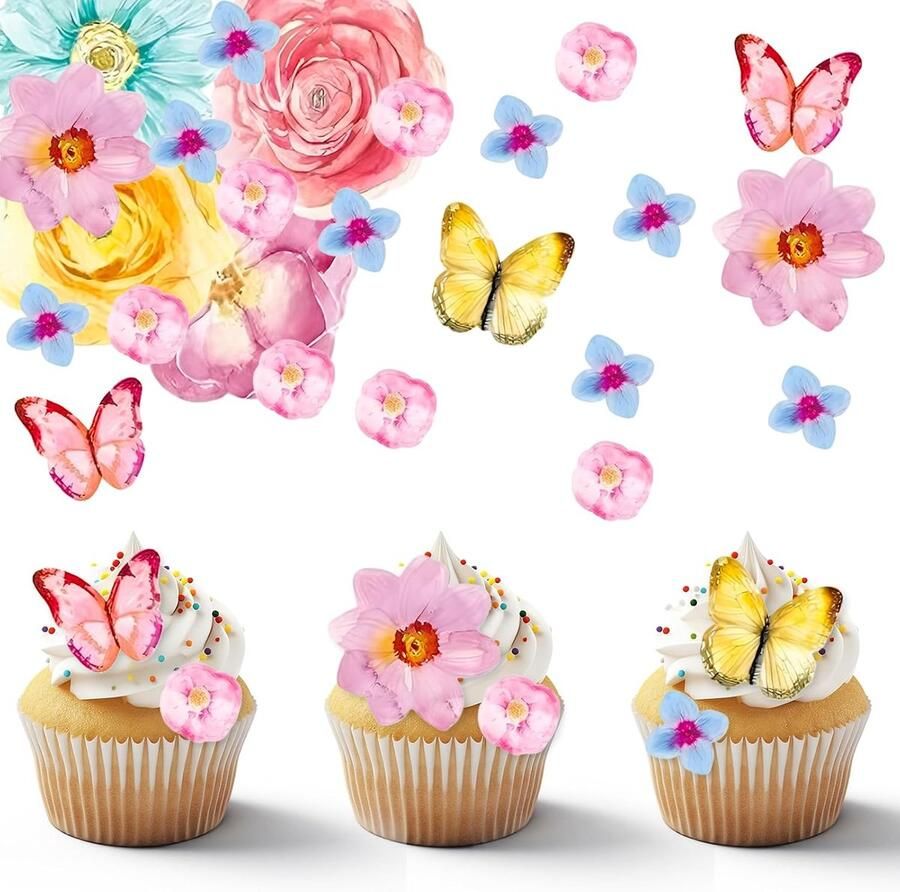 Eetbare bloemenvlinders voor taarten – 52 stuks taartdecoratieset perfect voor verjaardagsfeestjes bruiloften en kindertaarten – Kleurrijke eetbare bloemdecoratie voor uw taarten en cupcakes