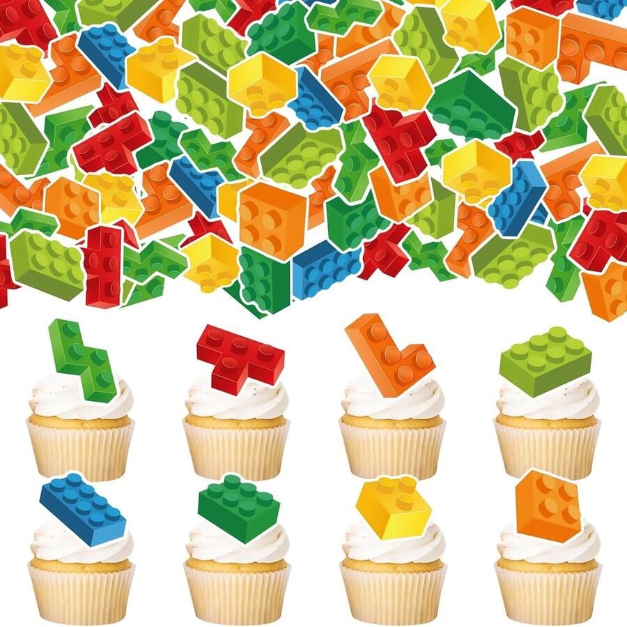 Eetbare bouwstenen cupcake toppers eetbare voorgesneden bouwstenen cupcake picks voor jongens meisjes verjaardagsfeestdecoraties bakstenen themafeest decoraties accessoires
