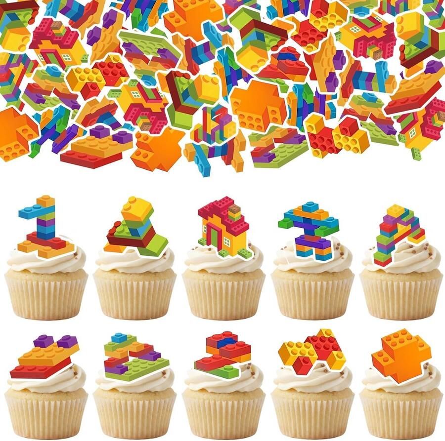 Eetbare bouwstenen cupcake toppers eetbare voorgesneden bouwstenen cupcake picks voor jongens meisjes verjaardagsfeestdecoraties bakstenen themafeest decoraties accessoires