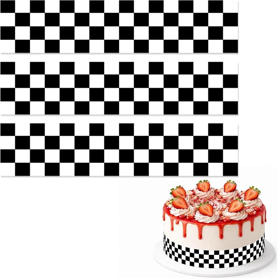 Eetbare Geruite Taartrand 28x6 2cm Zwart-Wit Geruit Racethema Voorgesneden Eetbare Taartrand voor Verjaardag Racethemafeest
