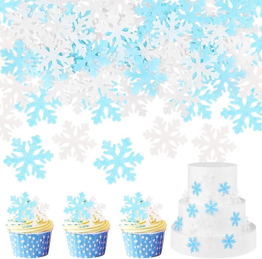 Eetbare Sneeuwvlok Taartdecoratie Frozen Taartdecoratie Eetbare Taart Sneeuwvlok Cupcake Toppers Muffin Decoratie Taart voor Verjaardag Huwelijk Kerstmis (Blauw + Wit)