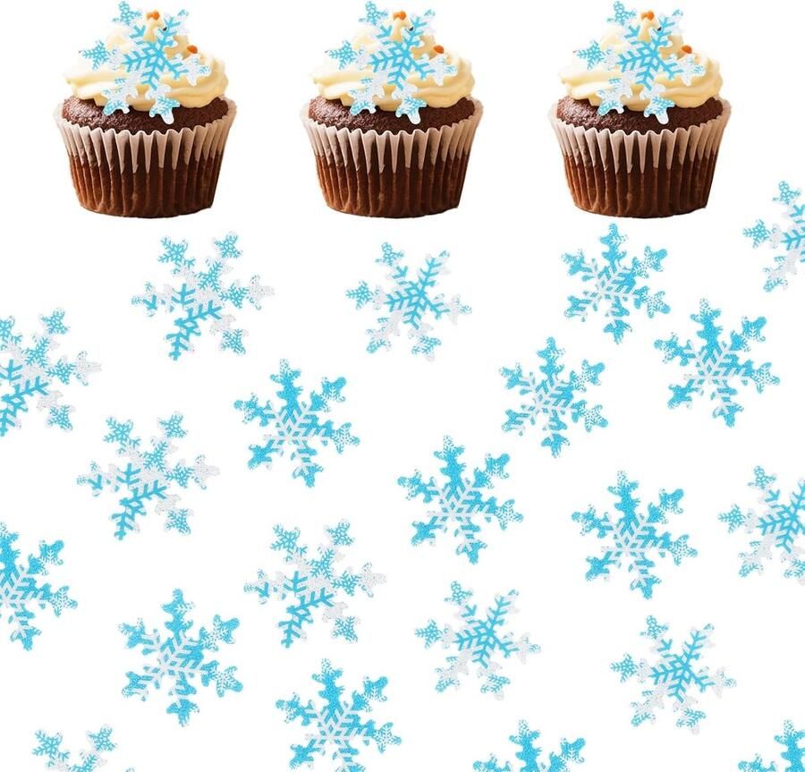 Eetbare Sneeuwvlokken voor Taartdecoratie Blauw en Wit Wafelpapier Sneeuwvlok Cupcake Toppers Premium Verjaardag Taart Decoraties voor Kerst Winter Thema Verjaardagsfeest