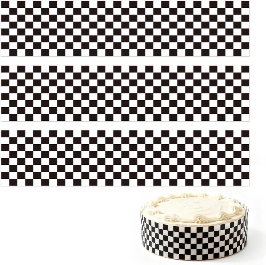 Eetbare Taart Randen 28x6 2cm Zwart en Wit Geruit Verjaardag Taart Randstroken Vooraf Gesneden Rijstpapier Taarten Toppers Decoraties voor Raceauto Thema Verjaardagsfeest