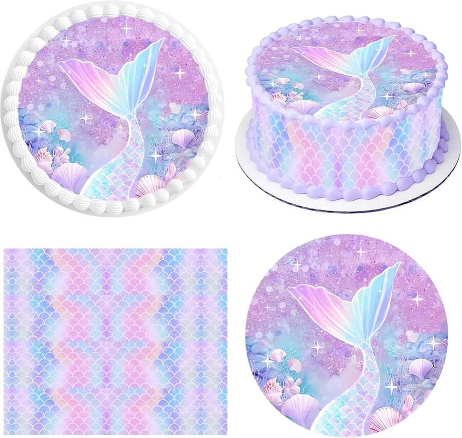 Eetbare taartdecoratie Ø 20 cm + 4 stuks eetbaar taartlint 24 cm x 5 cm zeemeermin taartdecoratie taartafbeelding met oceaanthema voor feestjes