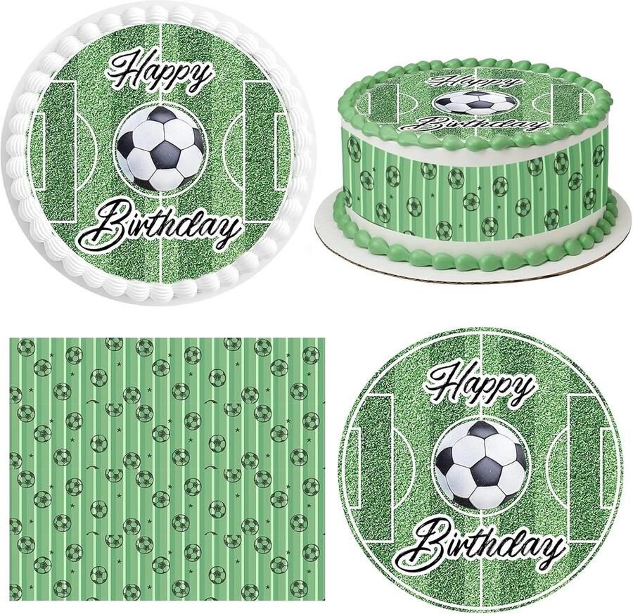 Eetbare taartdecoratie Ø 20cm + 4 stuks eetbaar taartlint 24cm x 5cm voetbal taartdecoratie voetbalveld taarttopper