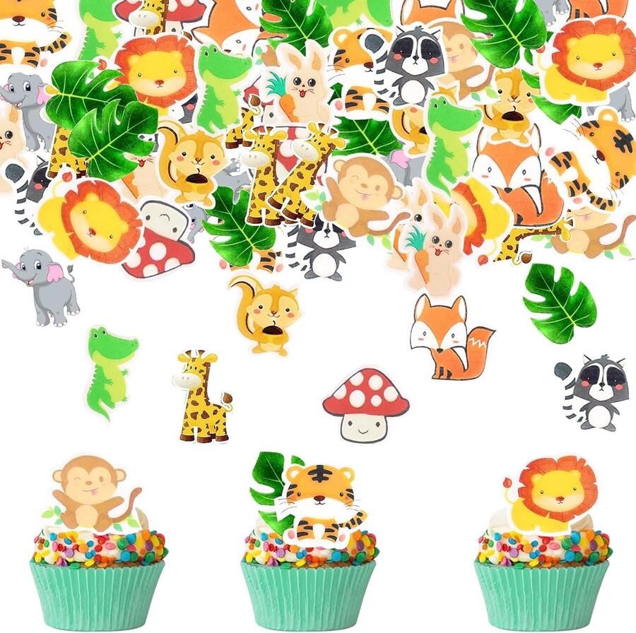 Eetbare Taartdecoratie Jungle Muffin en Cupcake-Toppers met Dieren Bosdieren Voor Verjaardag