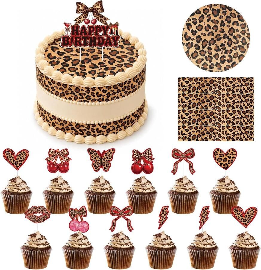 Eetbare taartdecoratie set luipaardprint eetbare taarttopper