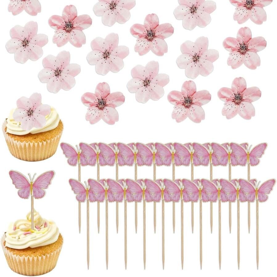 Eetbare taartdecoraties – 50 eetbare kersenbloesemtaartdecoraties + 20 vlinder cupcakeprikkers vlinder cupcake toppers voor verjaardagen bruiloften doopfeesten en jubilea