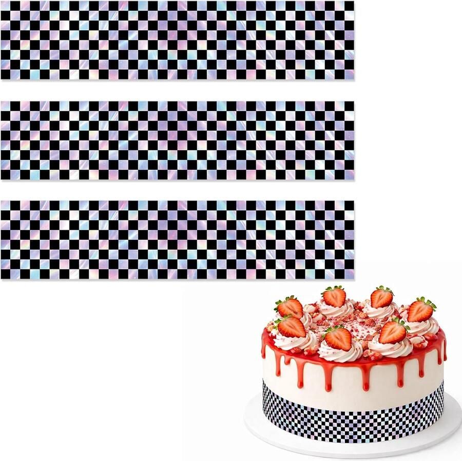Eetbare Taartranden 28x6 2cm Zwart Wit Ruitjespapier Verjaardagstaart Randstroken Voorgesneden Raceauto Verjaardagsdecoratie voor Ronde & Vierkante Taarten (Holografisch)