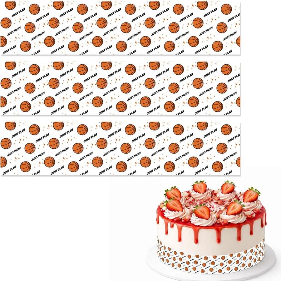 Eetbare Taartranden met Basketbalmotief 28x6 2cm Voorgesneden Kleefrijstpapier Taartrandstroken met Basketbalprint voor Verjaardagsfeestdecoraties