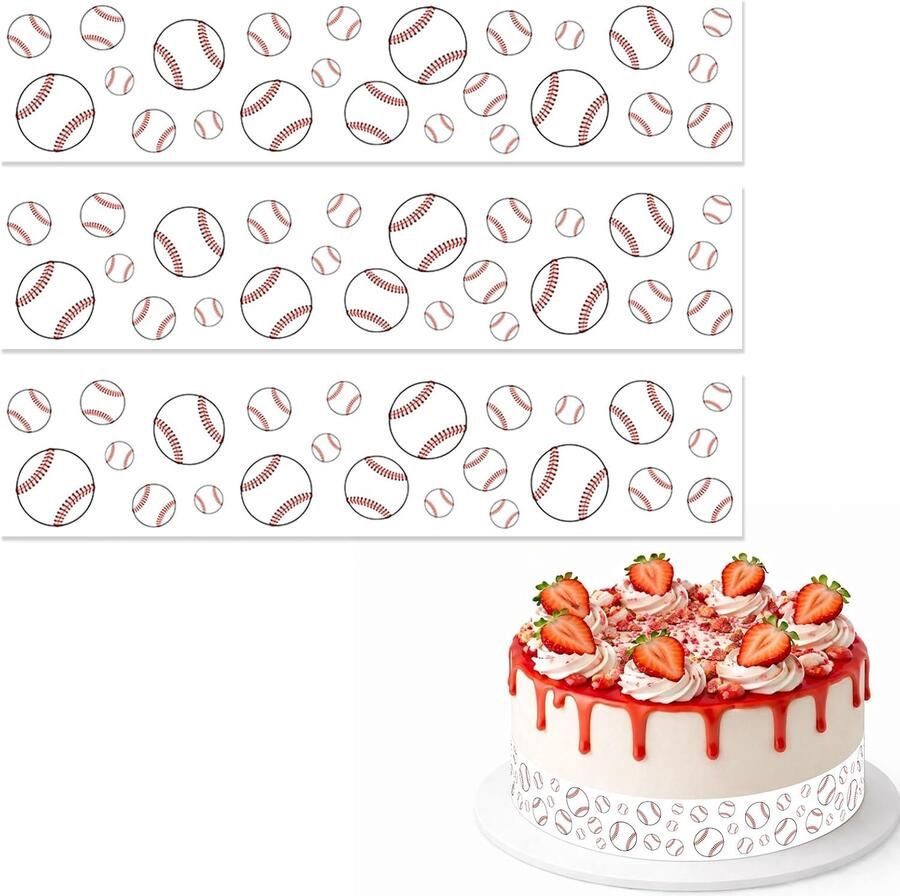 Eetbare Taartranden met Honkbalprint 28x6 2cm Voorgesneden Kleefrijstpapier Complete Eetbare Taartrandstroken met Honkbalprint voor Verjaardagsfeestdecoraties