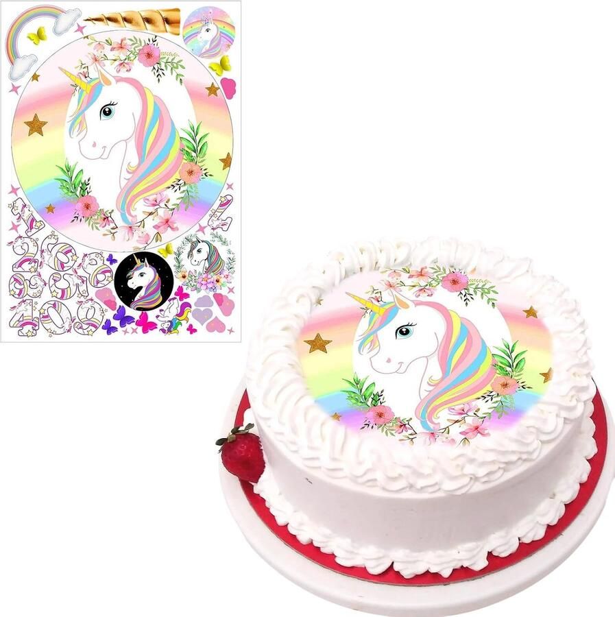 Eetbare Taarttopper Meisjes Ronde Eenhoorn Eetpapier 20 cm