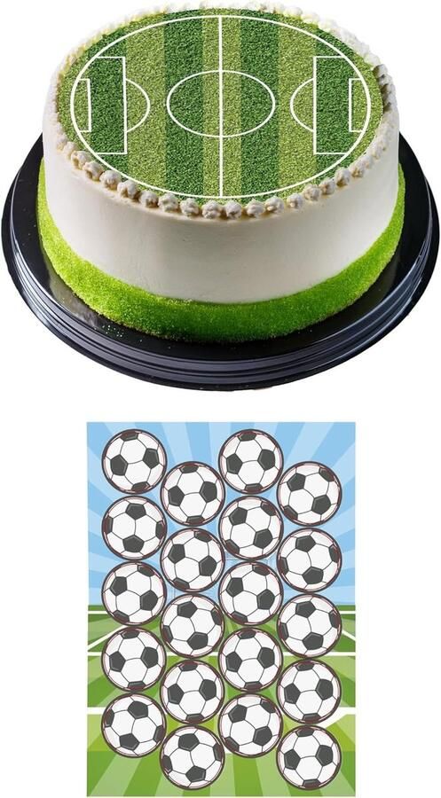 Eetbare taarttoppers 20 cm + 20 x eetbare muffinopleggers van wafels taartdecoratie kinderverjaardag voetbalmotto