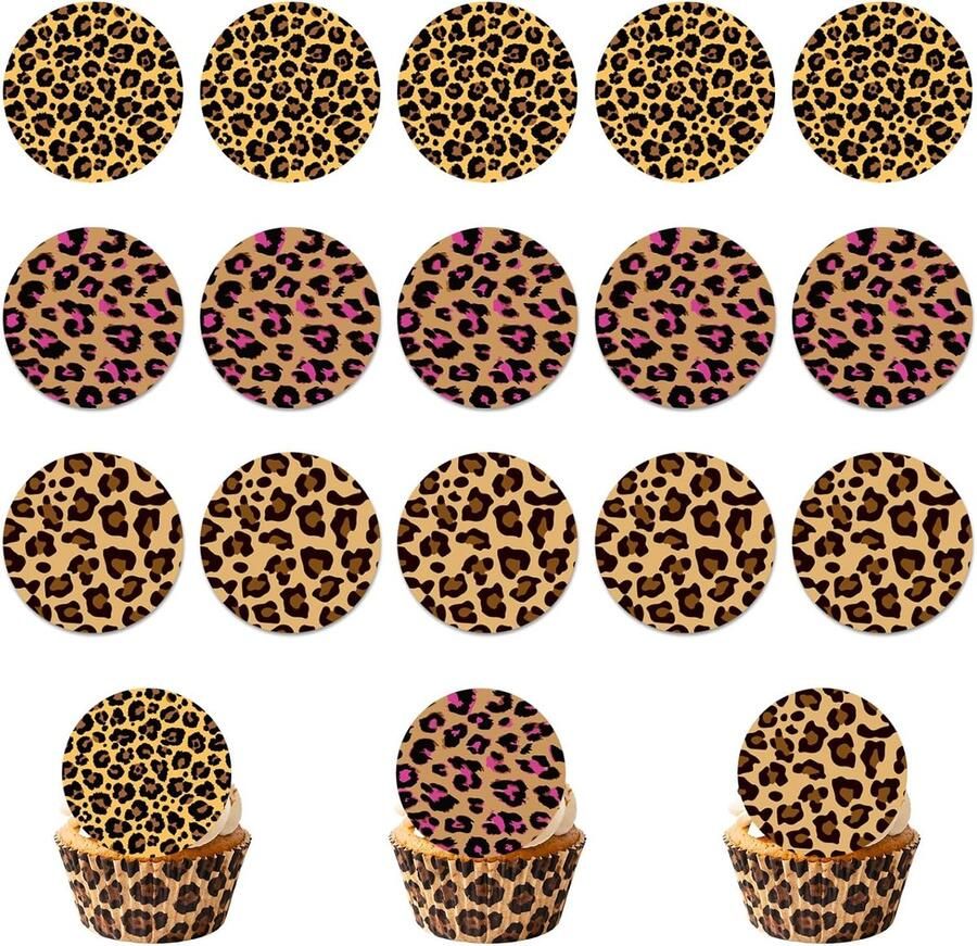 Eetbare Taarttoppers met Luipaardprint 5cm Rond Voorgesneden Taartdecoraties met Luipaardprint voor Bakken Verjaardagen en Themafeesten