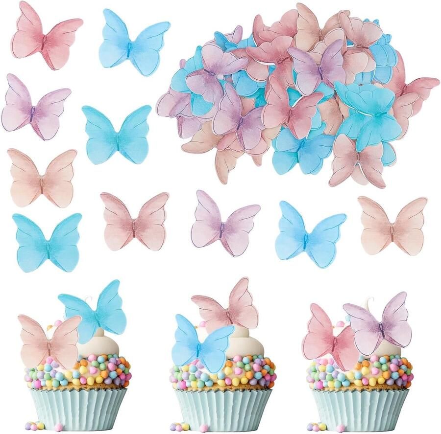 Eetbare Vlinders voor Taart 48 Stuks Kleurrijke Taartdecoratie voor Verjaardag en Bruiloft Cupcake-Topper Eetpapier vlinders decoratie voor verjaardag eetbare taartdecoratie vlinder cupcake-topper voor bruiloft verjaardag
