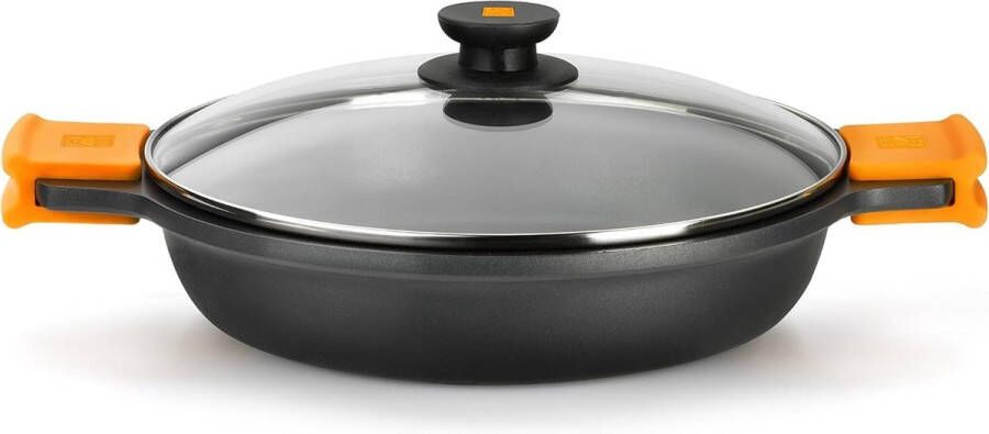 Efficiënte 28 cm lage pan met glazen deksel en siliconen handgrepen inductiebestendig