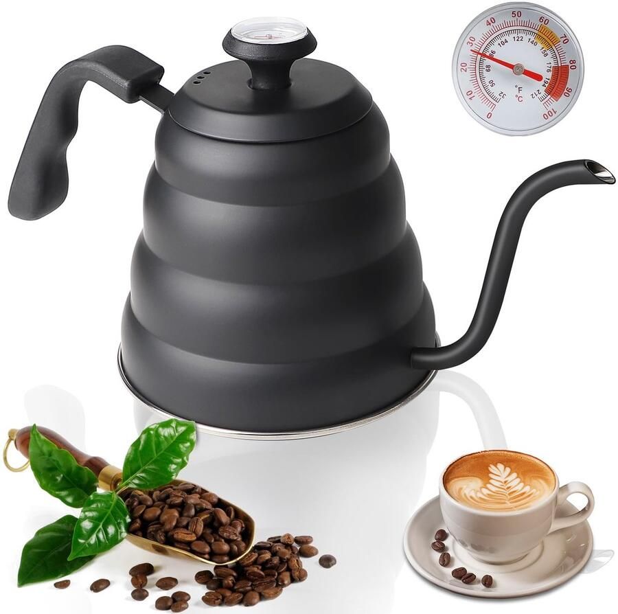 Allecto Gooseneck Waterkoker met Thermometer 1.2L Zwart RVS Koffiepot