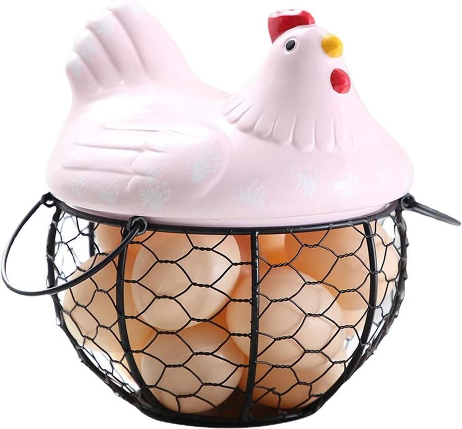 Ei Mand Opbergmand Kip Aanrecht Organisatie Keramiek & Smeedijzer 19x16x10 cm Roze