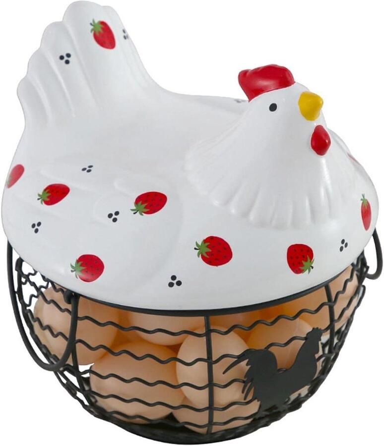 Eier Mand Eierhouder Eieren Verzamelen Met Keramiek Kip Deksel 19.5 x 22 cm Wit