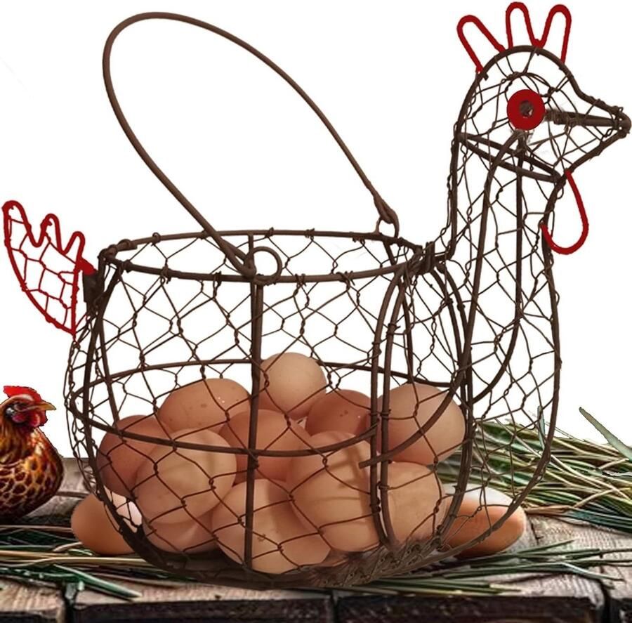 Eier Mand Kip Rooster Mand Eieren Verzamelen Rustieke Stijl 31.8 x 25.5 x 16.5cm Roestkleurig