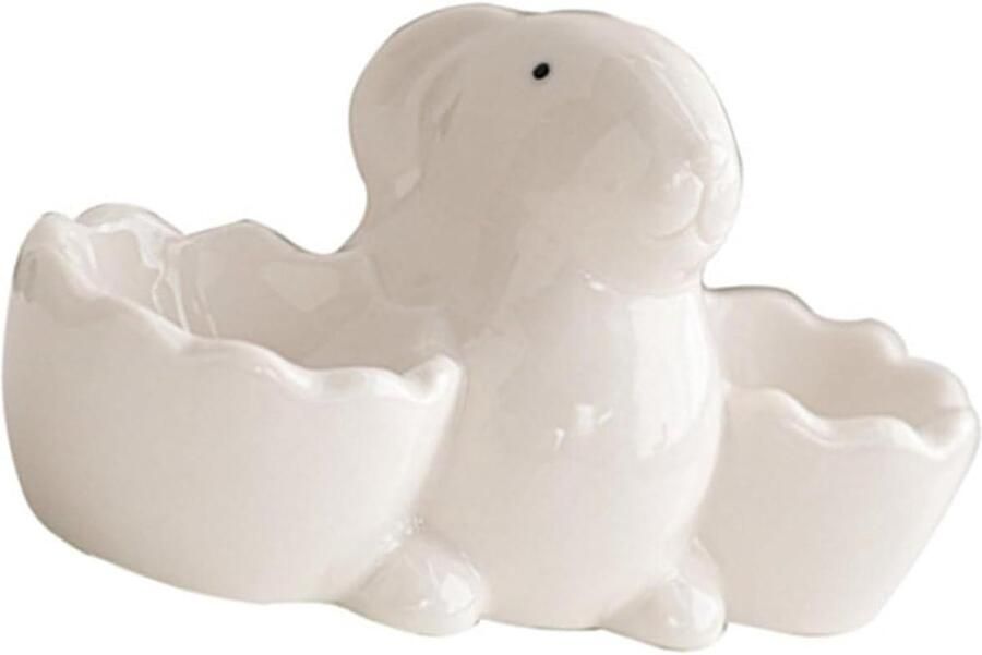 Eierbeker Konijn Eierhouder Keramiek Ontbijt Serveren Handgemaakt Decoratief Stuk 14 x 7.6 cm Wit