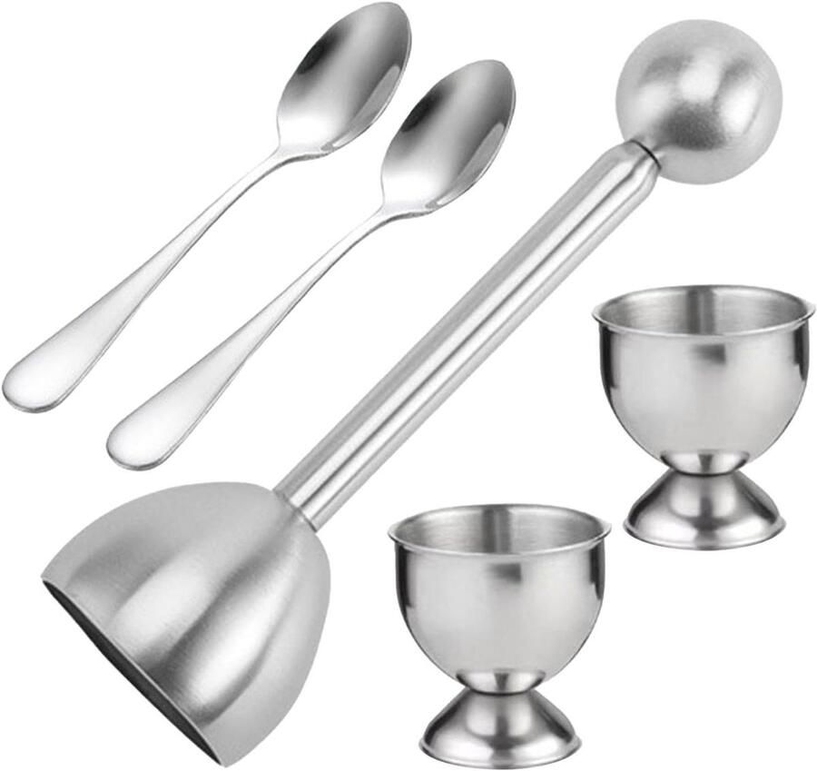 Eiercracker Set Eiersnijder houder Ontbijt Bereiden Roestvrij Staal 5 Delig Zilver