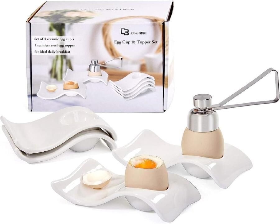Eierdopje keramische eierdopje 4 + 1 eierschaal originele eierdopje wit voor ontbijt en brunch Vaatwasmachinebestendig stapelbaar eierdopje decor voor ontbijt en brunch modern nieuwigheid gekookte eierhouder