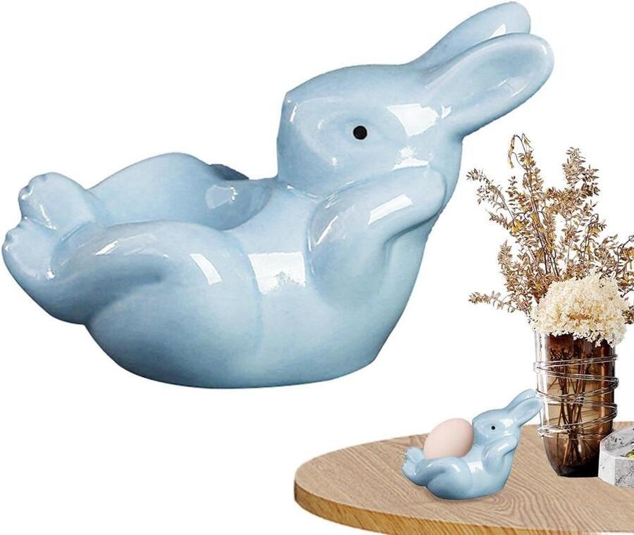 Eierdopje Konijn Eierhouder Keramiek Ontbijt Presentatie Charmante Dierenvorm 7.5 x 10 x 7.5 cm Blauw