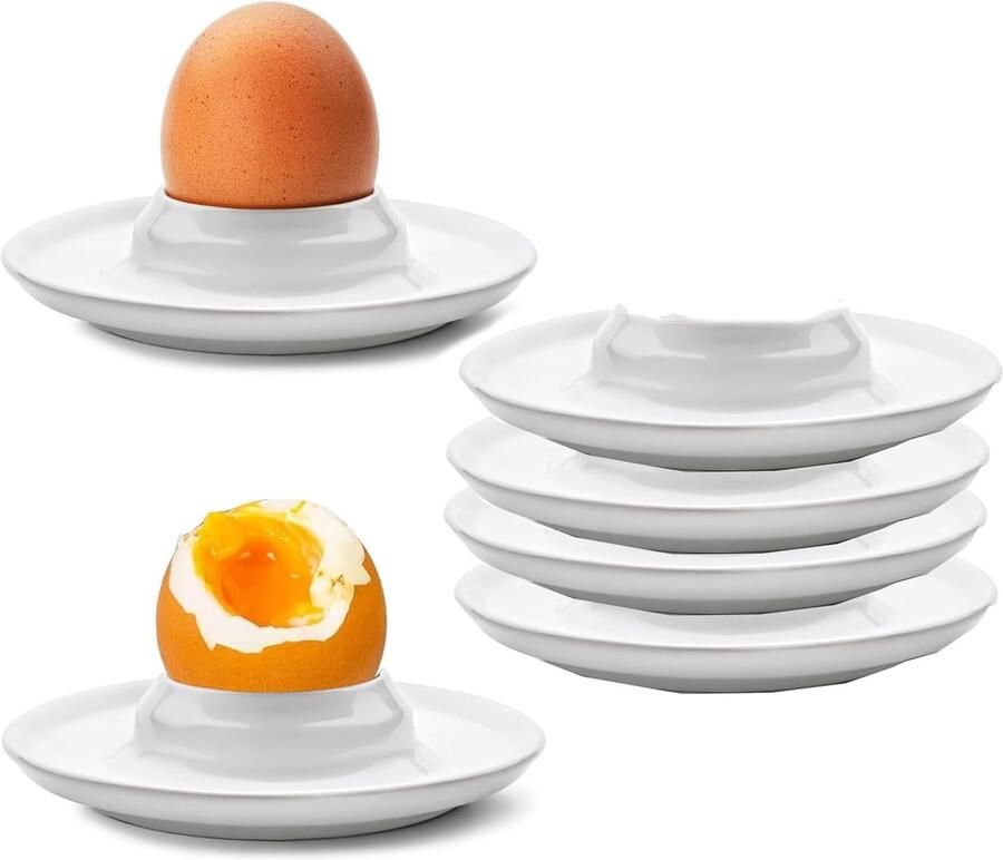 Eierdopjes 6 stuks eierhouders zachte hardgekookte eierdopjes klassieke stijl witte plastic eierstandaard borden eierlade voor harde zachte gekookte eieren magnetron- en vaatwasmachinebestendig