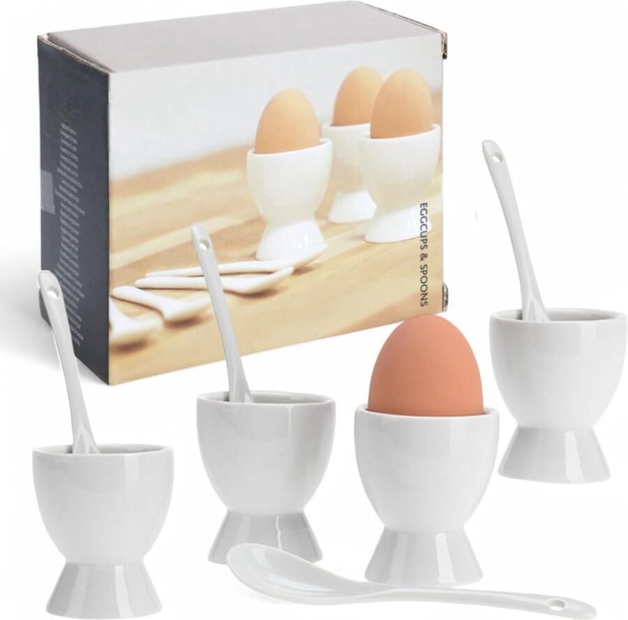 Eierdopjes 8-delig 4 eierdopjes en 4 eierlepels van hoogwaardig porselein klassiek design vaatwasmachinebestendig